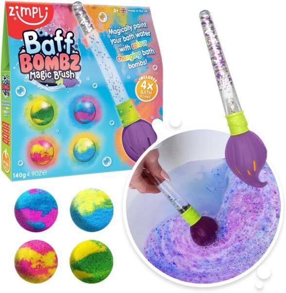 Baff Bombz Magic Brush from Zimpli Kids, 4 x Bath Bombs, Magically Paint your Bath Water, Pocket Money Creative Toy for Children,