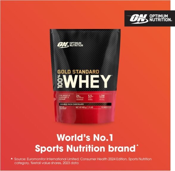 Optimum Nutrition Gold Standard 100% Whey Muscle Building and Recovery Protein Powder With Naturally Occurring Glutamine and BCAA Amino Acids, Double Rich Chocolate Flavour