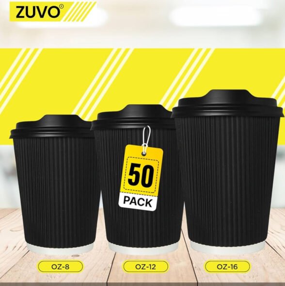 Disposable Coffee Cups With Lids [ Pack Of 50] - Kraft Paper Cups - 12 Oz, Disposable Coffee Cups With Leak Proof Lids Takeaway Coffee Cups (Black), Paper Cups For Hot Drinks - Zuvo