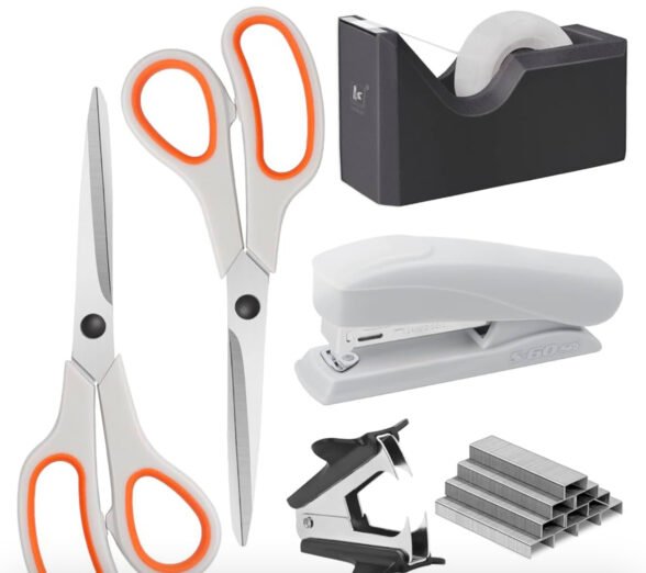 Asdirne Office Supplies Kit, Basic Style, Including Scissors, Stapler, Staples, Remover, Tape Dispenser & Tape, White and Orange