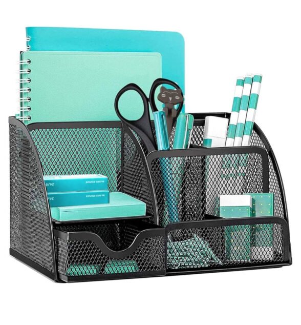 OKPOW Mesh Desk Organiser,Multi-Use Desk Tidy & Pen Holder with 6 storage and 1 Slide Drawer,Stationary Organiser for School,Home,Office desktop supplies (Black)