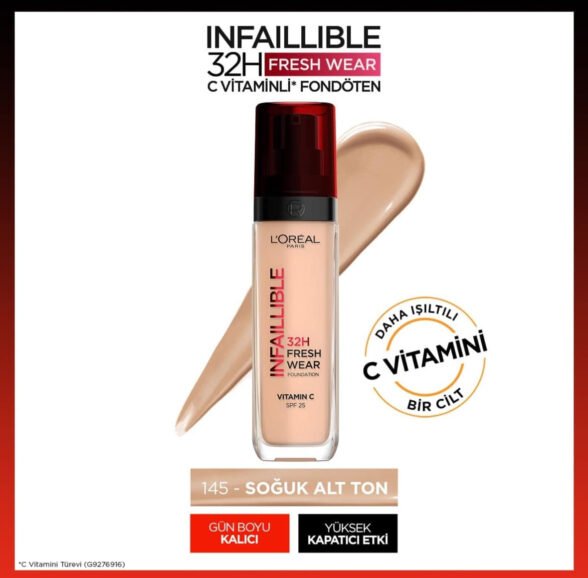 L'Oréal Paris Infallible 32H Fresh Wear Foundation, Full-coverage, Longwear, Weightless Smooth Finish, Water-proof and Transfer-proof, with Vitamin C + SPF 25, 145 Rose Beige (Pack of 2) - Image 3